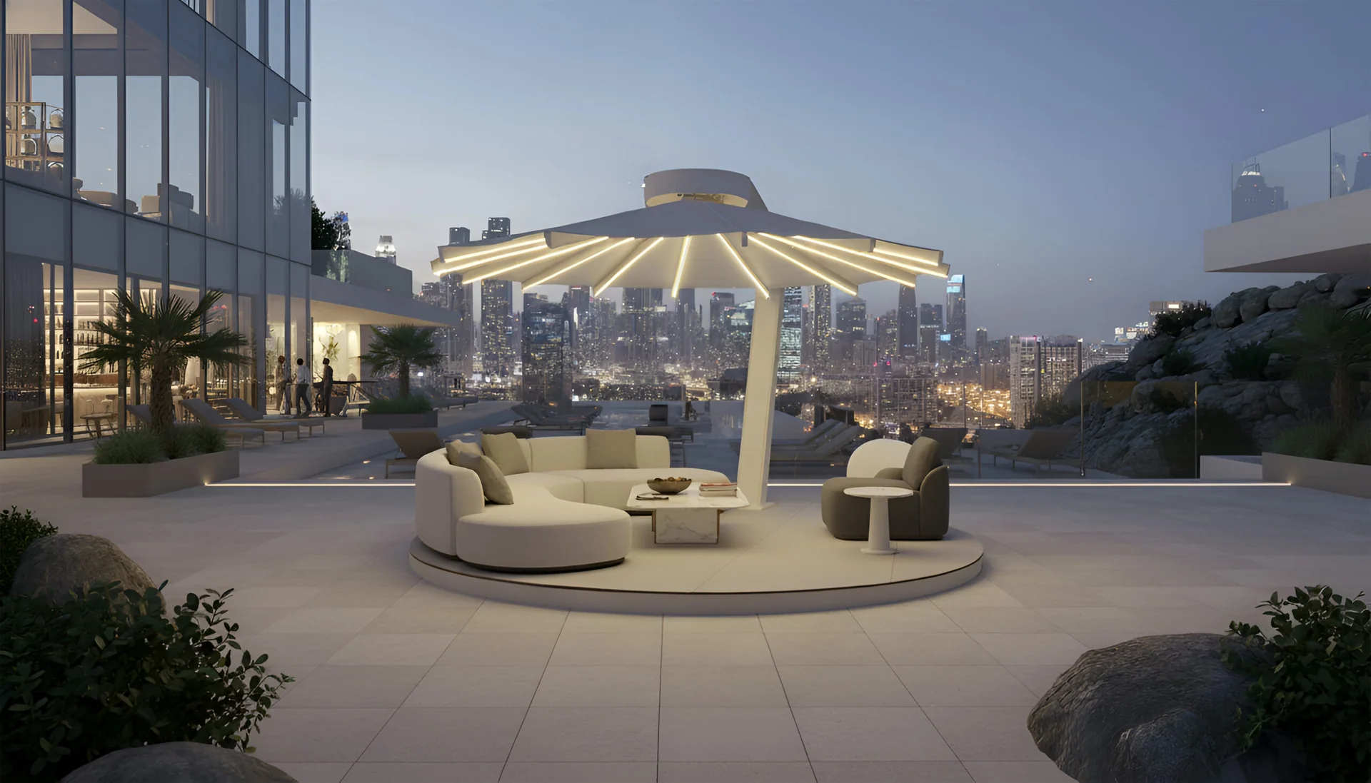 Parasol MV Line avec éclairage LED sur terrasse urbaine